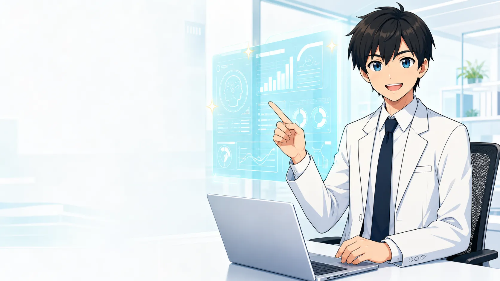透明なAIダッシュボードを指しながら説明する、白衣姿のらすくのキャラクター
