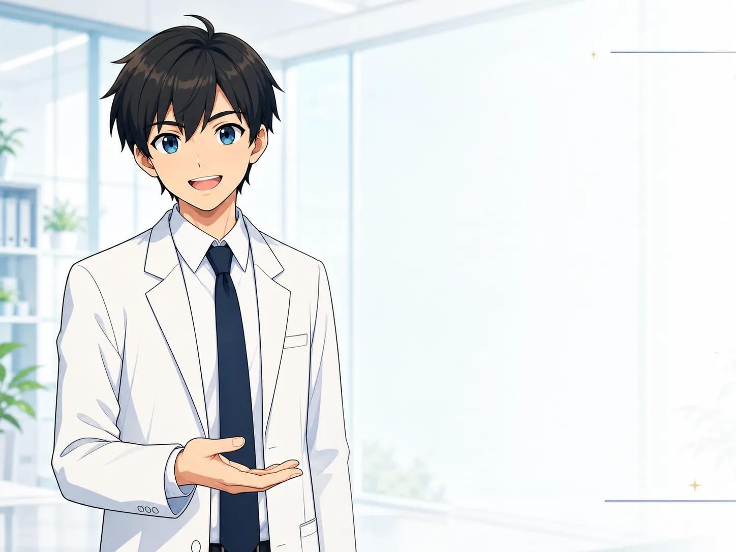 片手を開き、やさしく説明する白衣姿のらすくのキャラクター